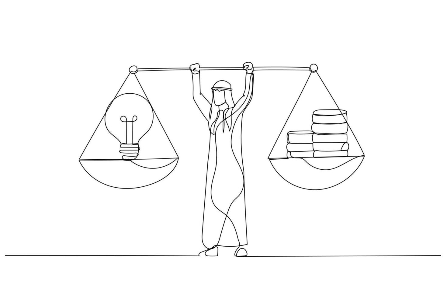 Cartoon of arab muslim businessman holding weights in his hands which is the money and idea. Single line art style vector