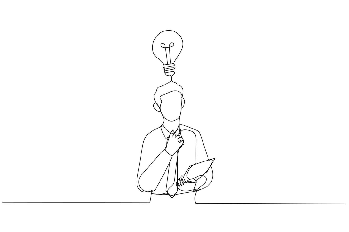 Drawing of young thoughtful businessman in glasses thinking about test. Continuous line art vector