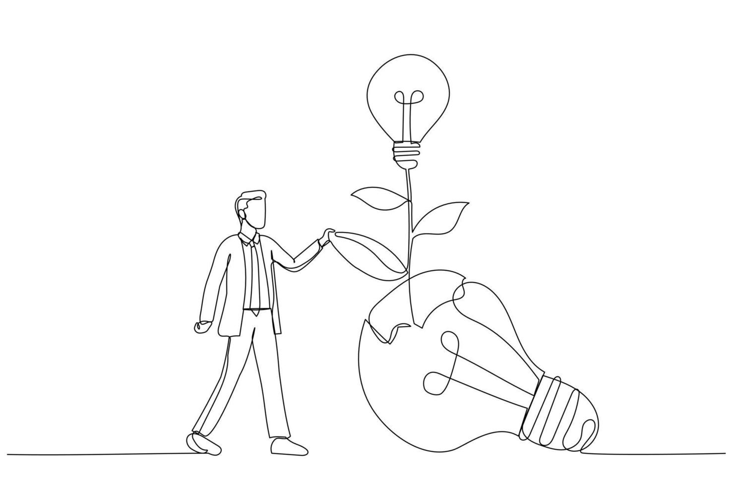 Illustration of businessman look at seedling bright lightbulb idea plant grow from broken one. Single line art style vector