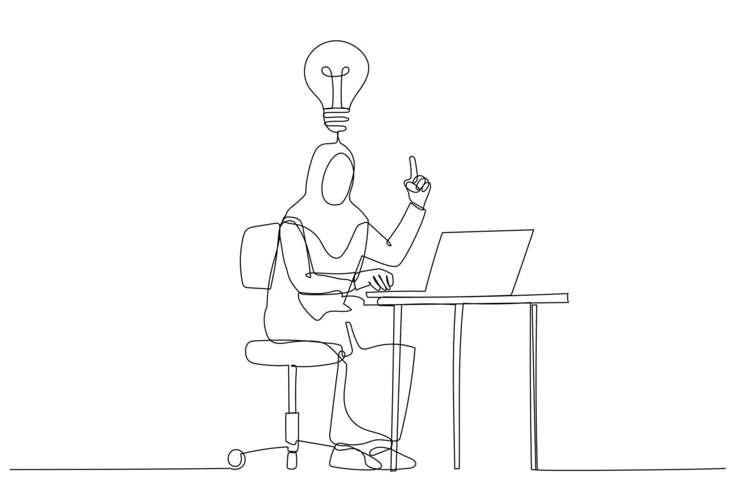 Illustration of happy muslim businesswoman working at his desk and creating a lot of idea bulbs. One line style art vector