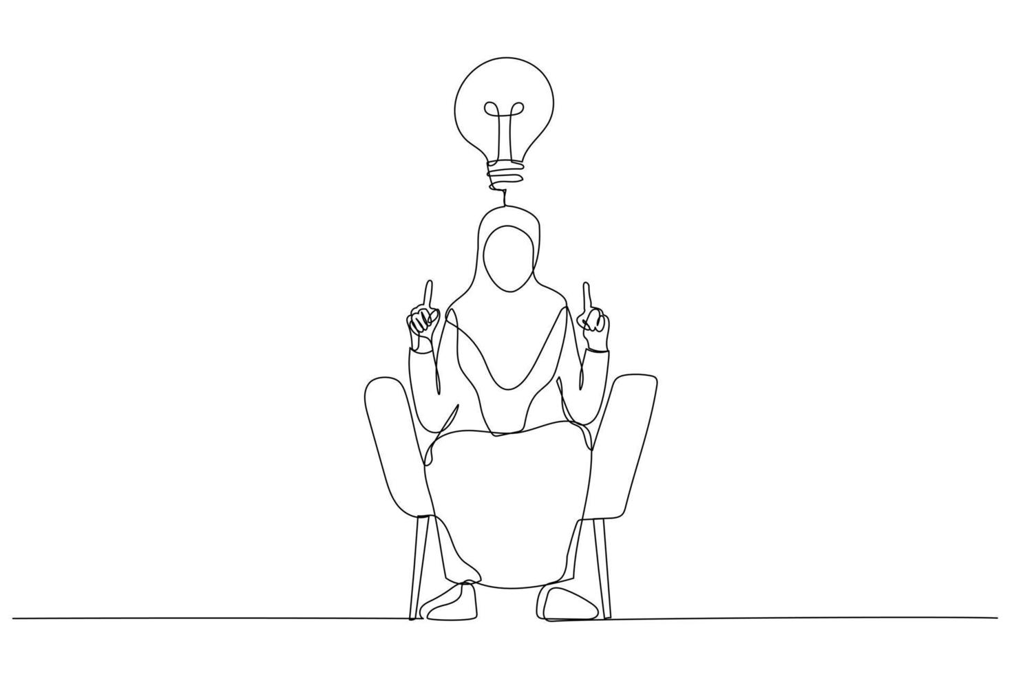 Drawing of muslim businesswoman having creative idea gesturing eureka with both hands. One continuous line art style vector