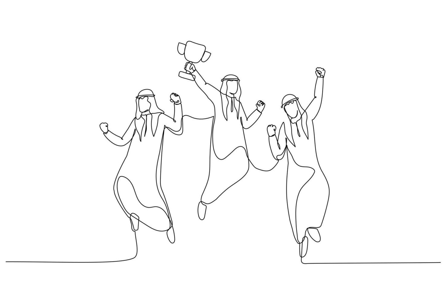 Drawing of arab businessman jumps in the air with trophy cup in the hand getting recognition. Single continuous line art style vector