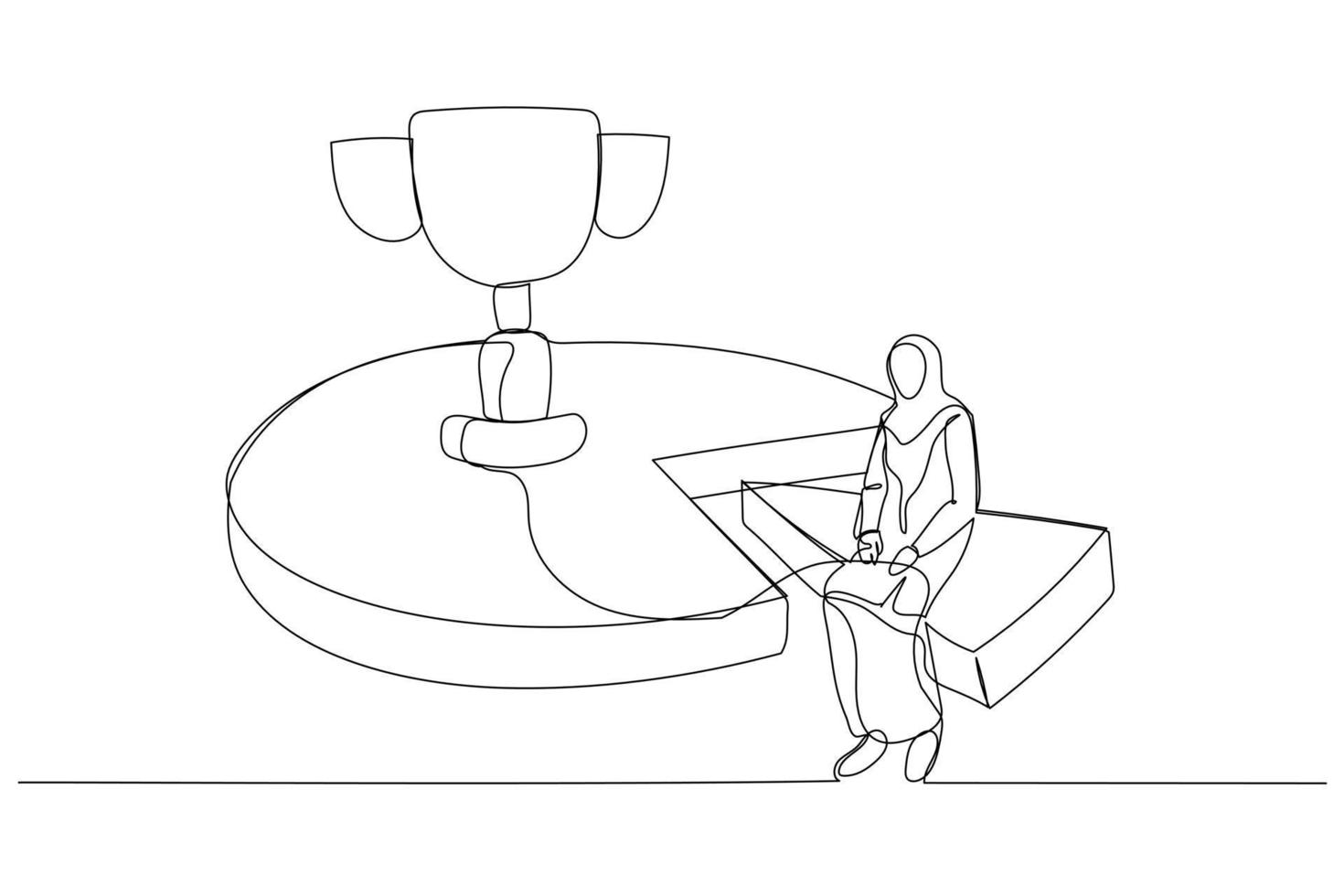 Drawing of muslim businesswoman working effective and efficient and being productive get trophy. One line style art vector