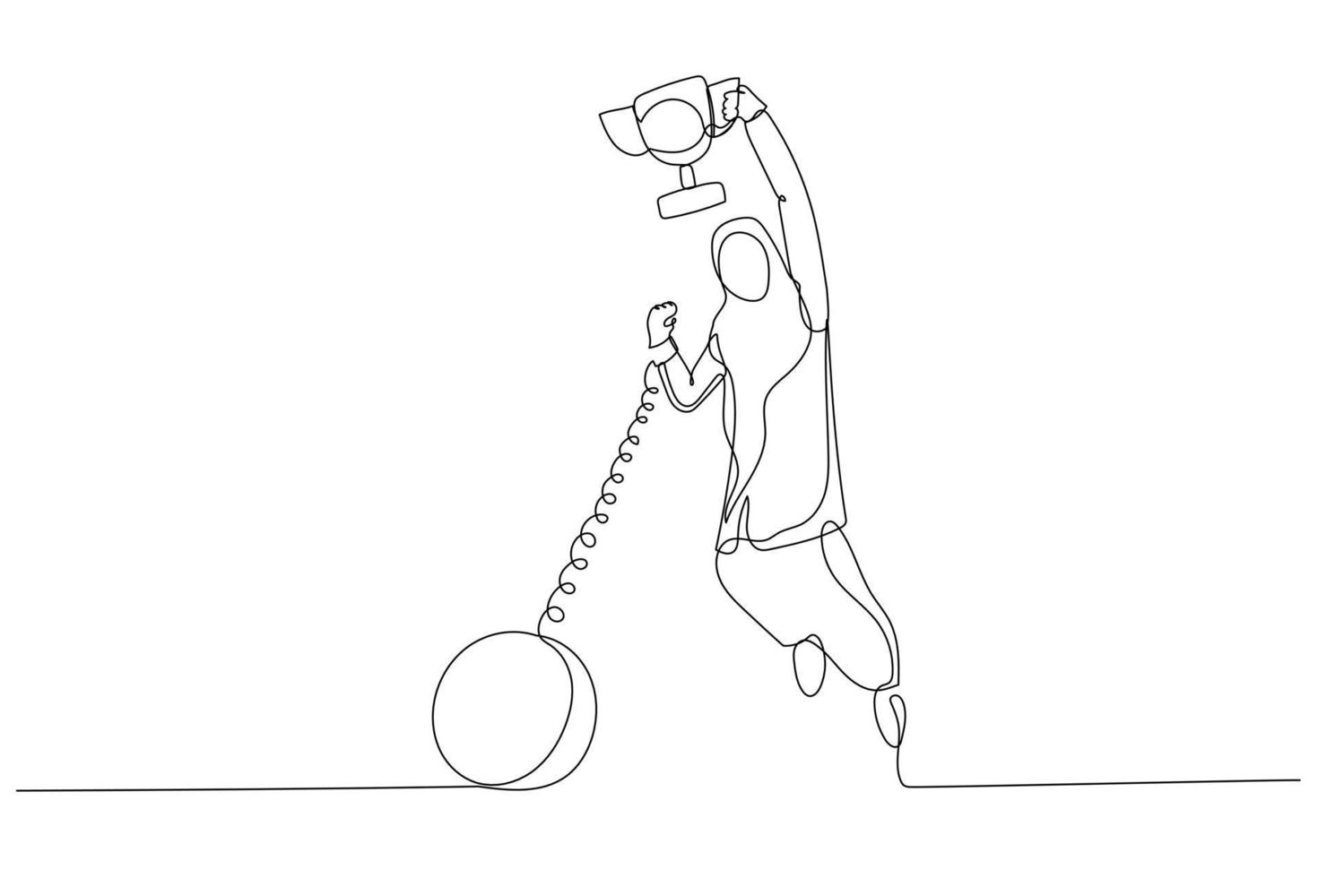 Illustration of muslim businesswoman break the chain and get the trophy prize. Continuous line art vector