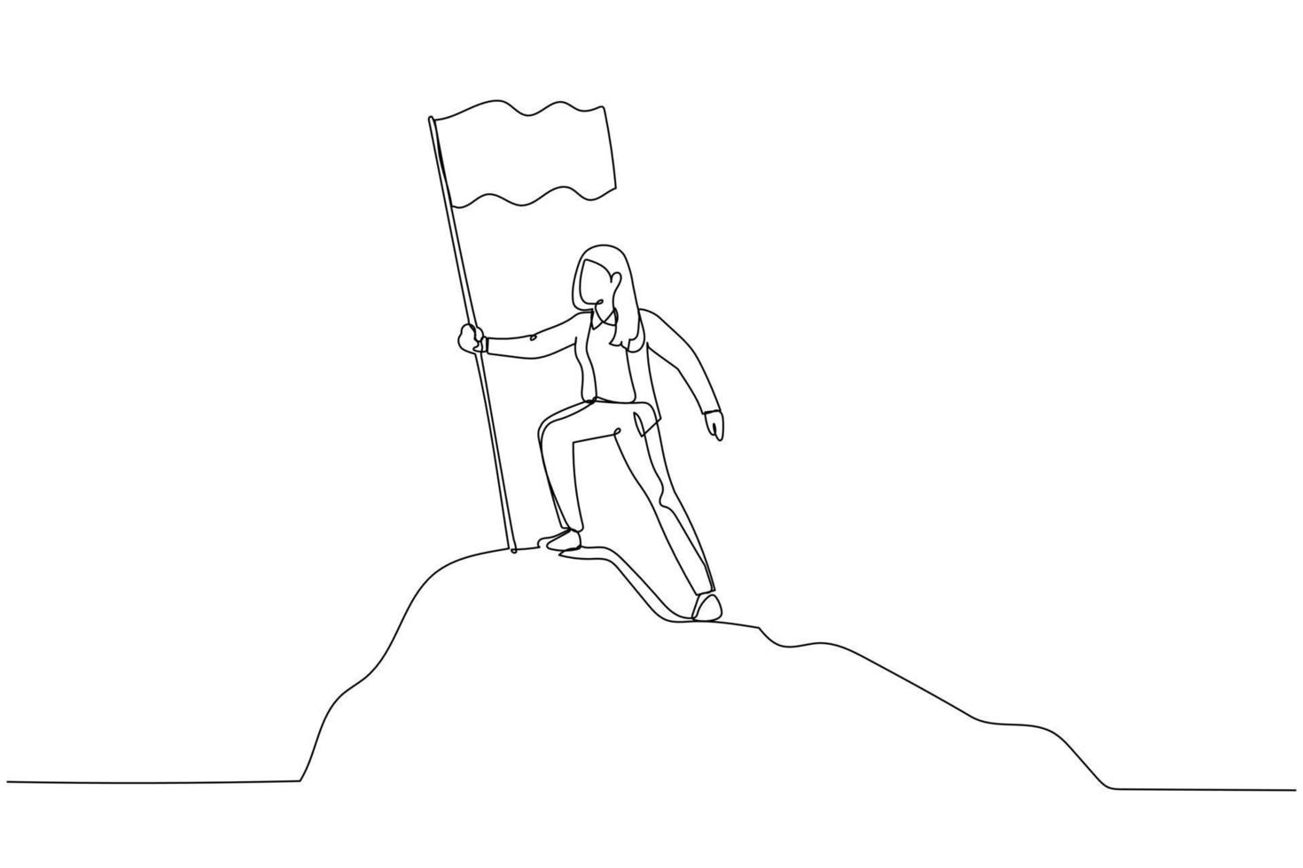 Cartoon of businesswoman standing on the top of mountain peak holding flag like conqueror. One continuous line art style vector