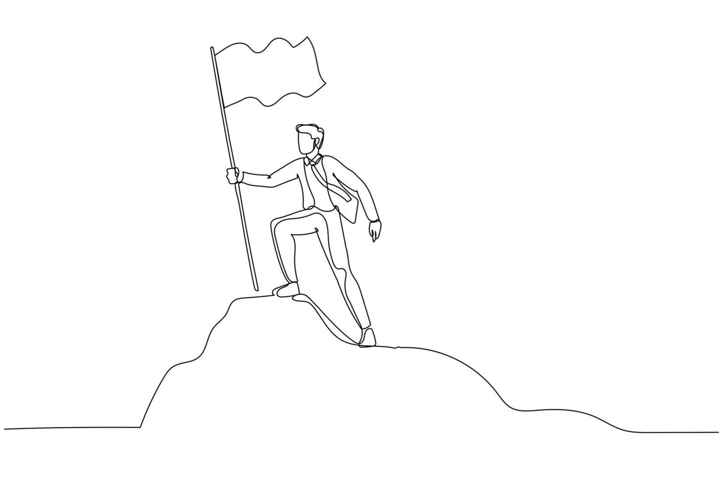 Cartoon of businessman standing on the top of mountain peak holding flag like conqueror. One continuous line art style vector