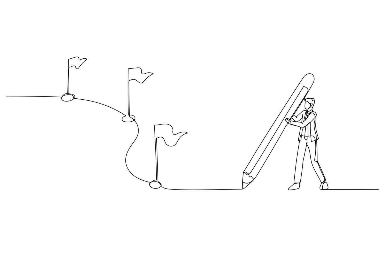 Drawing of businessman using pencil draw line with flag as milestones. Continuous line art style vector