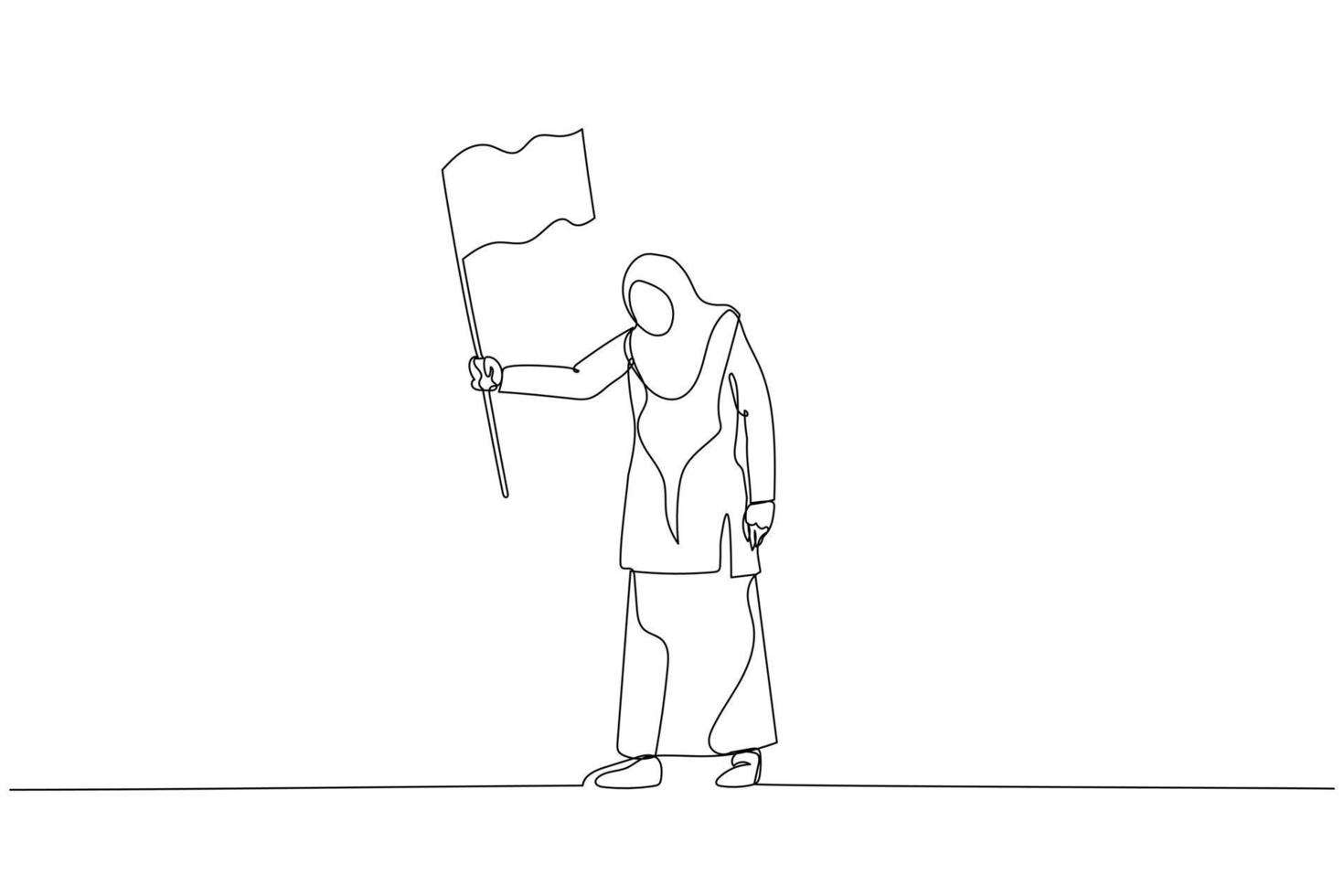Drawing of sad muslim woman enterpreneur waving white flag metaphor of surrender and give up. Continuous line art vector