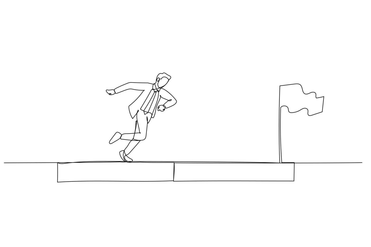 Cartoon of businessman run on progress bar to achieve success flag concept of progress. One line art style vector