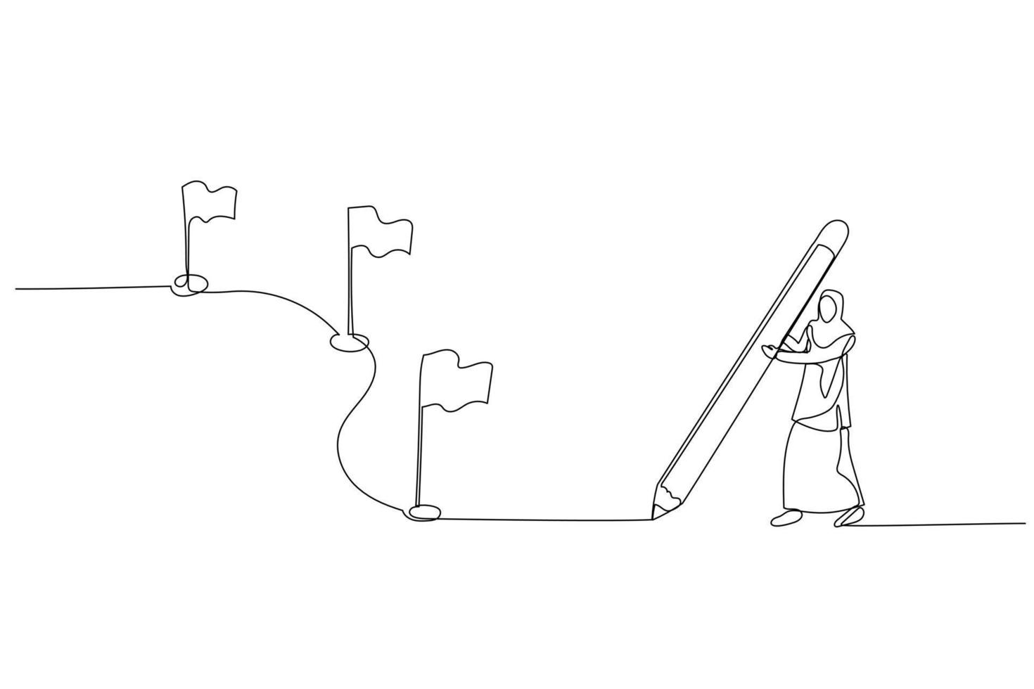 Drawing of muslim woman enterpreneur using pencil draw line with flag as milestones. Continuous line art style vector