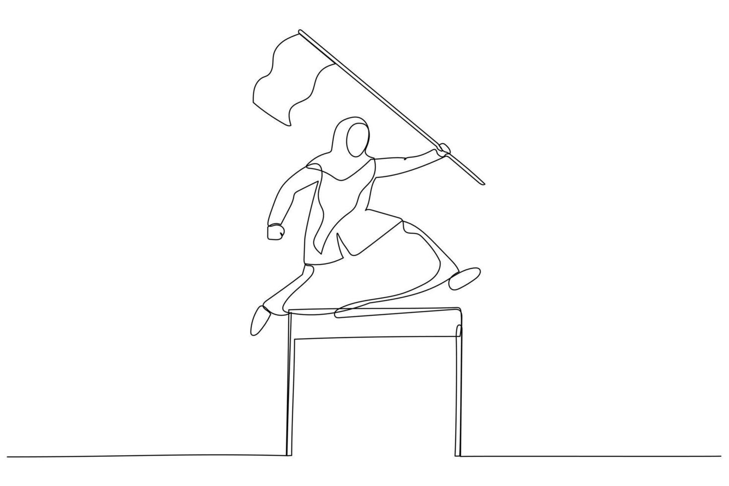 Illustration of muslim business woman competing in race holding a leader flag jumping over obstacle concept of determination. Continuous line art vector