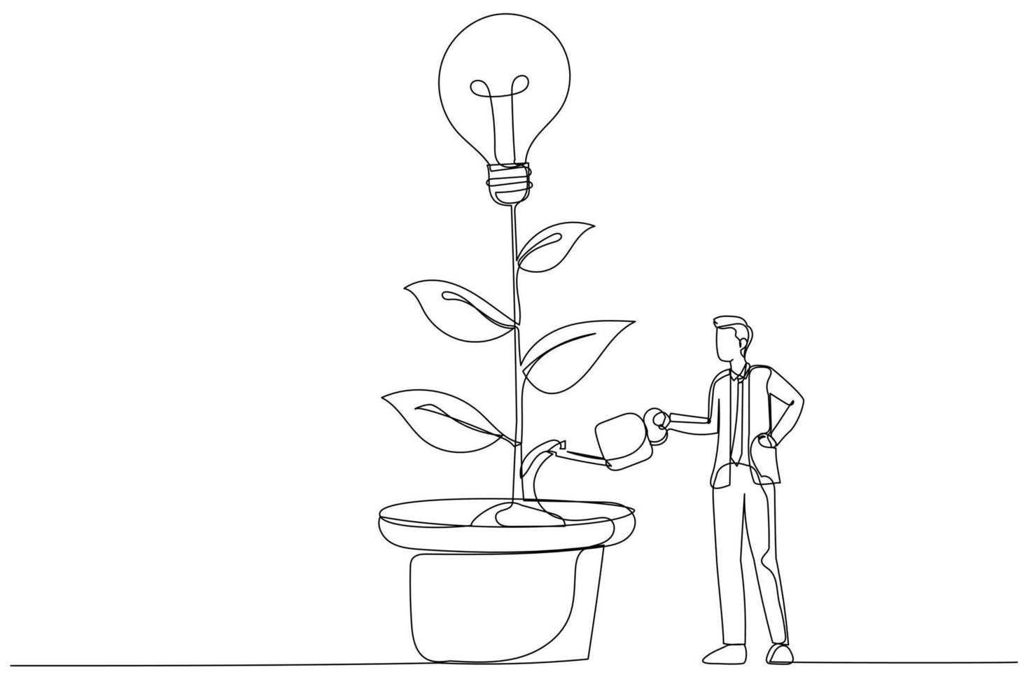 Illustration of businessman watering growing tree with lightbulb. People working together. Single line art style vector