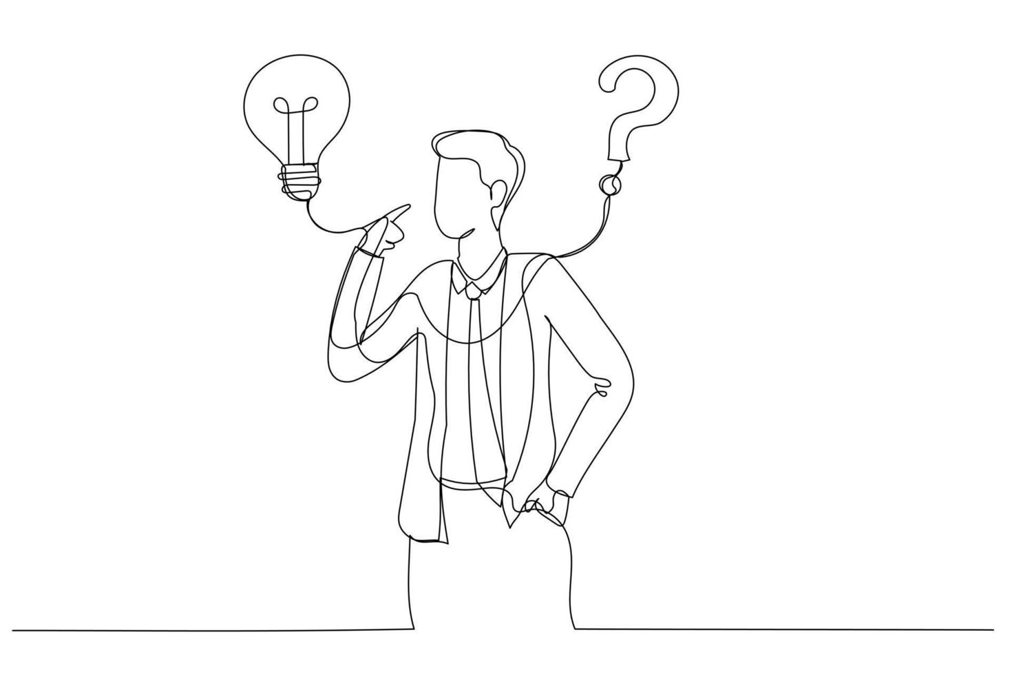 Drawing of businessman think of solution to solve problem with lightbulb and question mark. Solution to solve problem. Continuous line art style vector