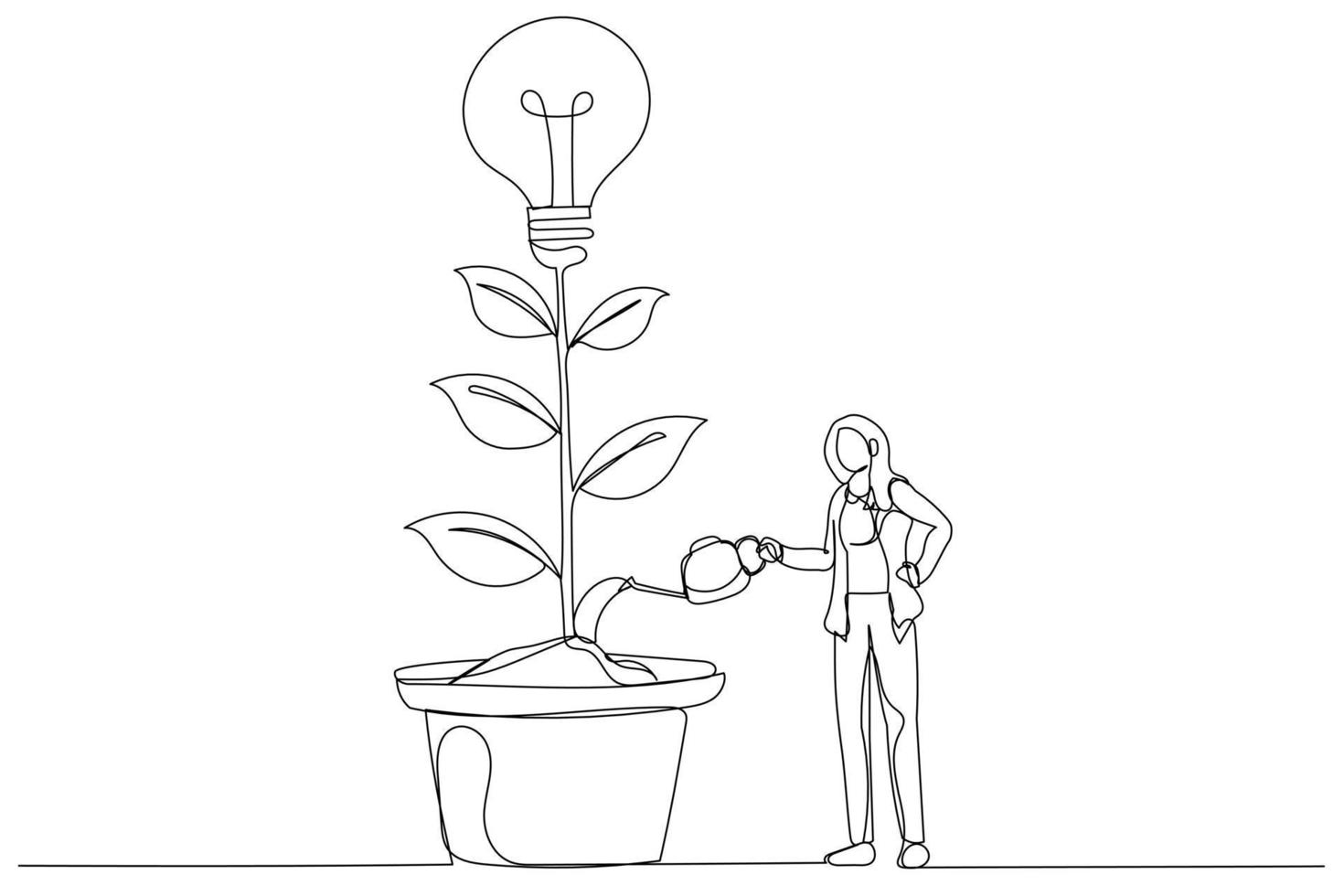 Illustration of businesswoman watering growing tree with lightbulb. People working together. Continuous line art vector