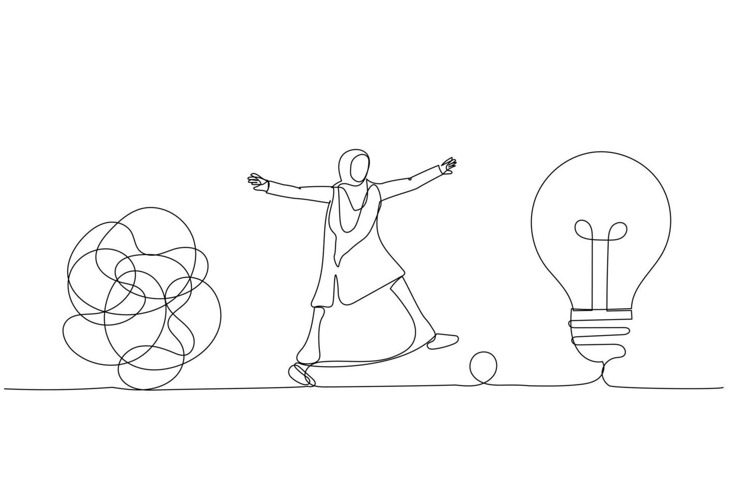 Cartoon of smart muslim businesswoman walking away from mess chaos line to simple lightbulb idea. Simplify idea. Single continuous line art style vector
