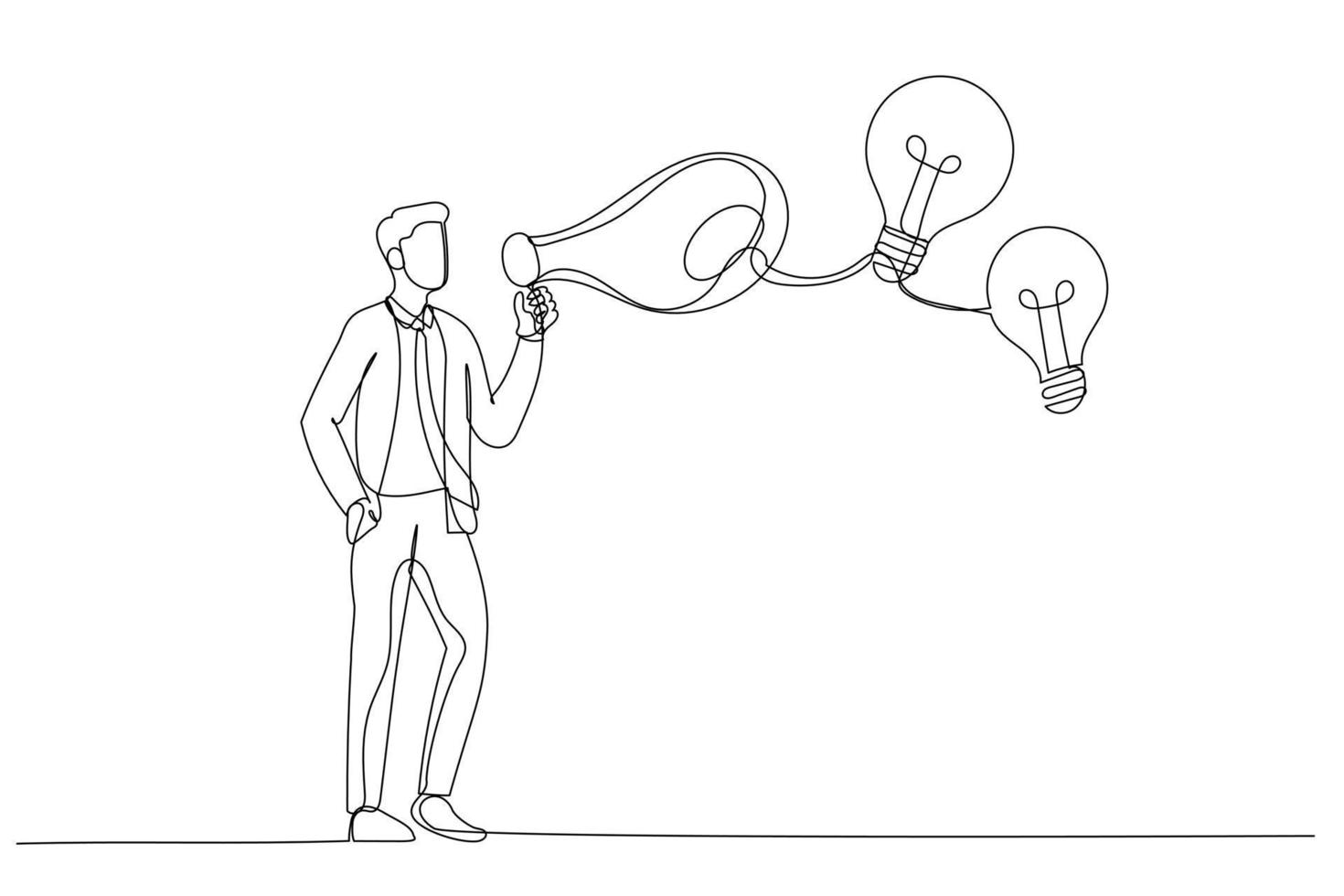 Illustration of businessman watering on growing money coin seedling plant from lightbulb idea metaphor of monetize idea. Single line art style vector