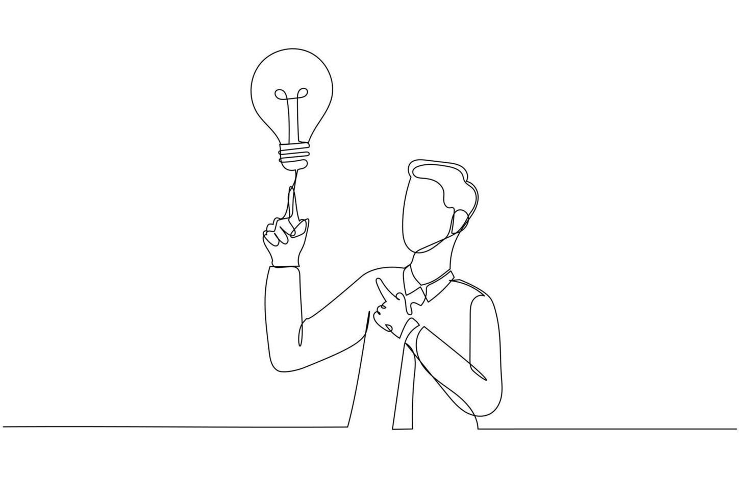 Illustration of young businessman pointing with the index finger a great idea. Single line art style vector