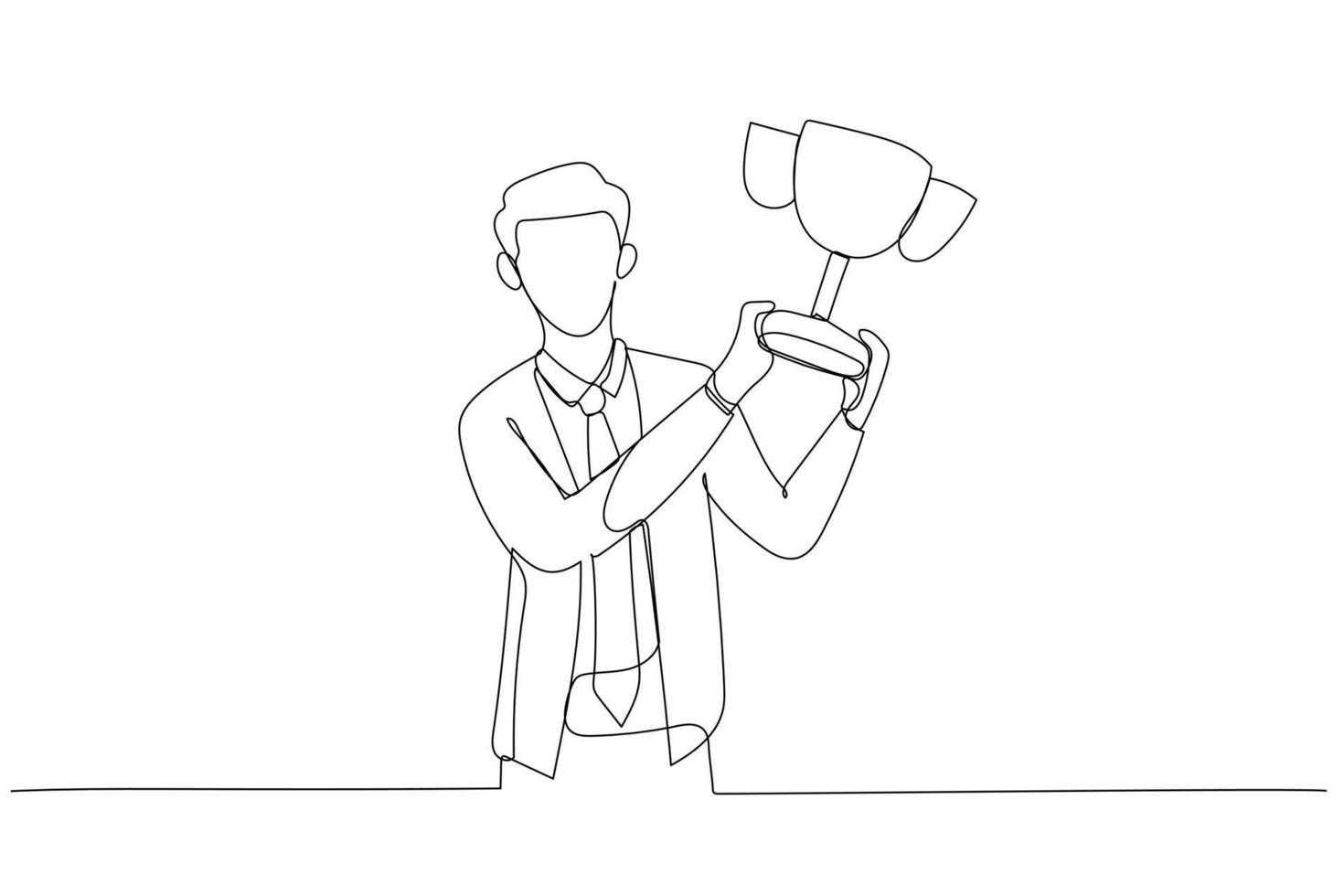 Drawing of businessman raising trophy metaphor of success. Continuous line art style vector