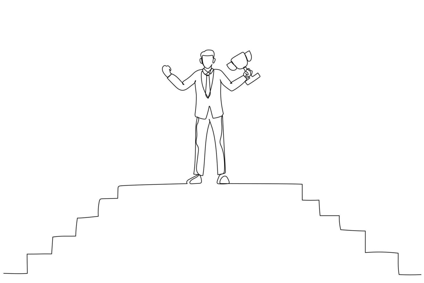 Cartoon of businessman climbing up to top of high stair way of city show hand up holding trophy. One line style art vector
