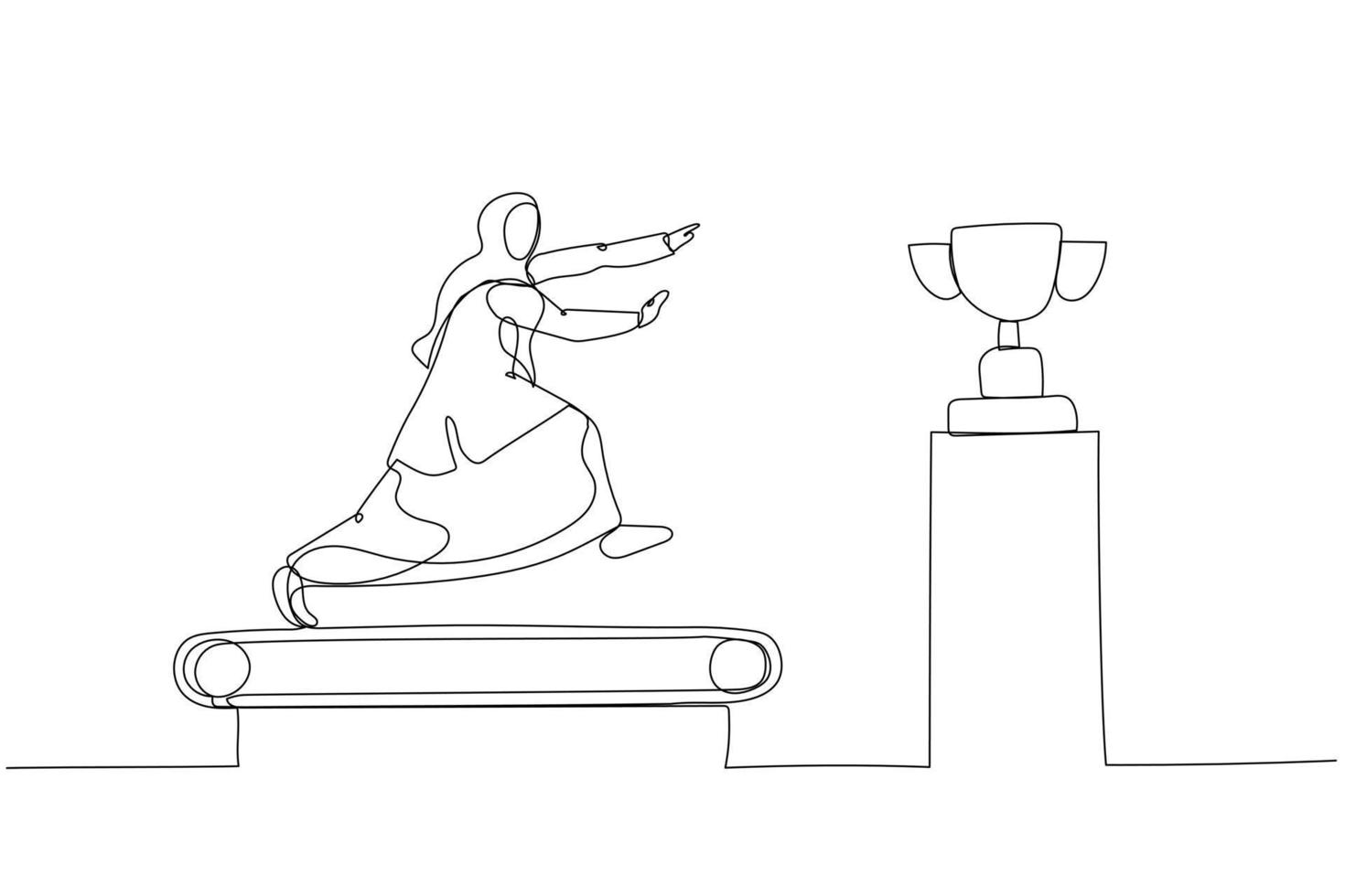 Illustration of muslim businesswoman running on the treadmill try to get trophy concept of rat race. Single continuous line art style vector