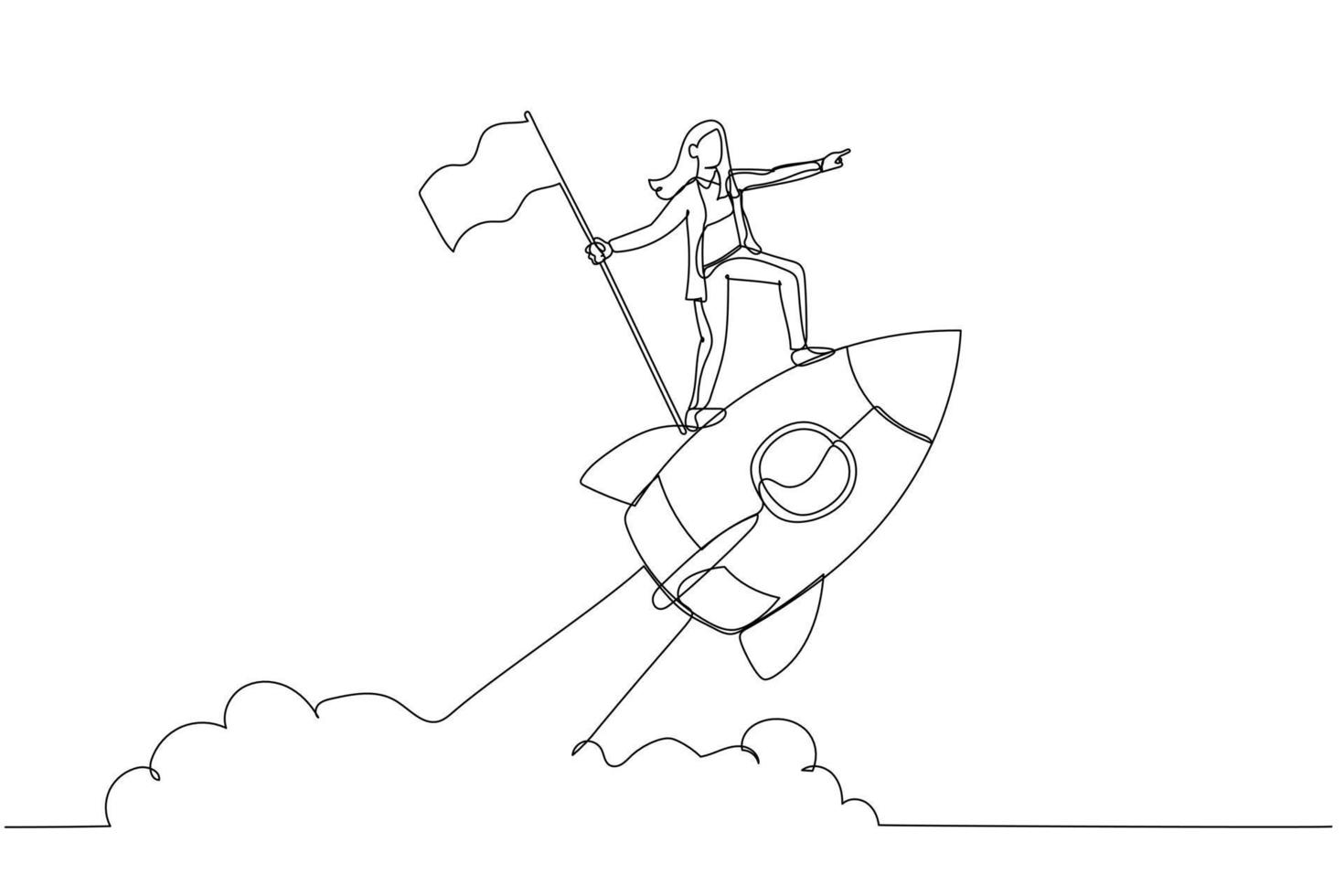 Cartoon of businesswoman holding number one flag standing on flying rocket. One continuous line art style vector