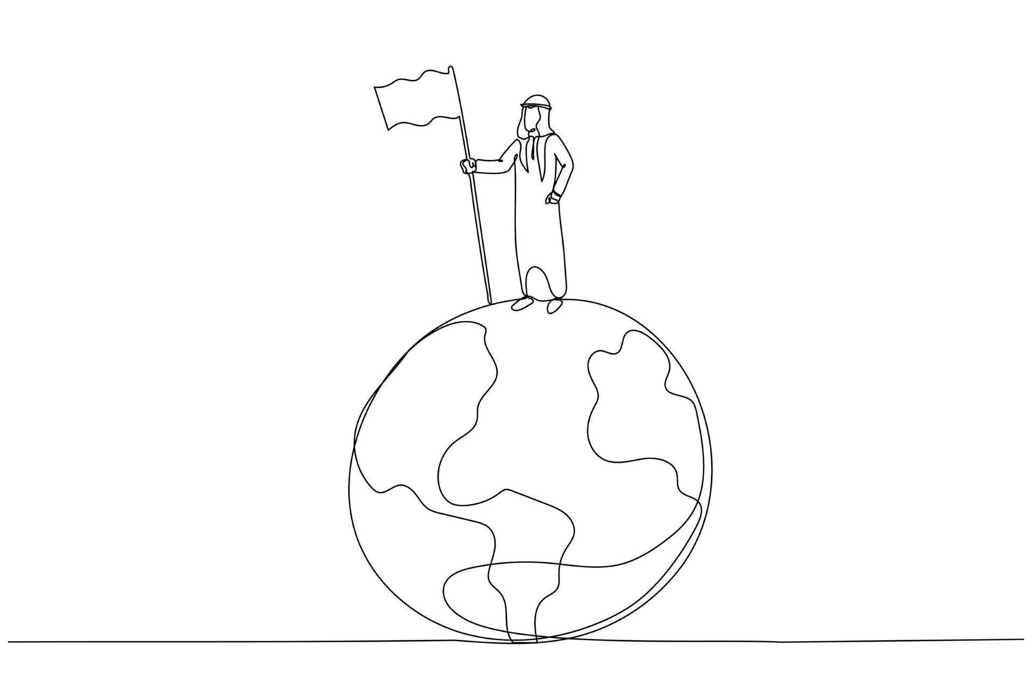 Illustration of arab businessman climb up ladder holding winning flag on globe winning global business competition. Single line art style vector