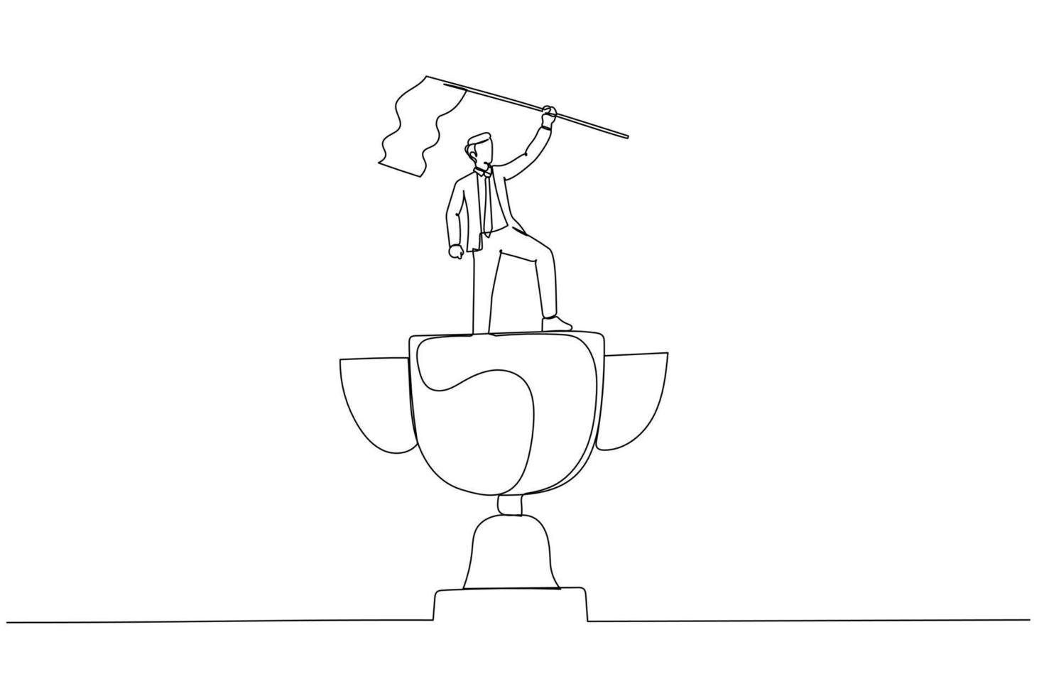 Illustration of businessman winner raising flag on winning trophy concept of victory. Single continuous line art style vector