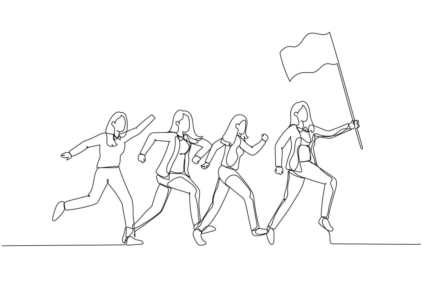 Illustration of businesswoman hold flag and lead the way. Single line art style vector