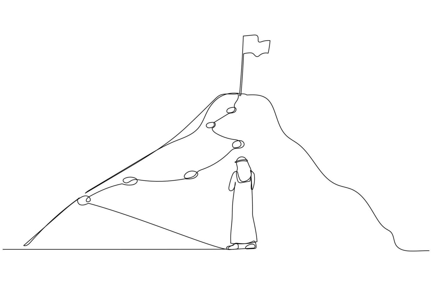 Cartoon of arab businessman following the lines leading to the top of success. Single line art style vector