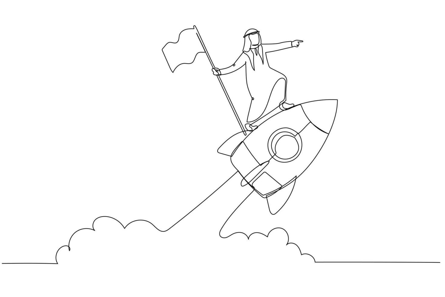 Cartoon of arab businessman holding number one flag standing on flying rocket. One continuous line art style vector