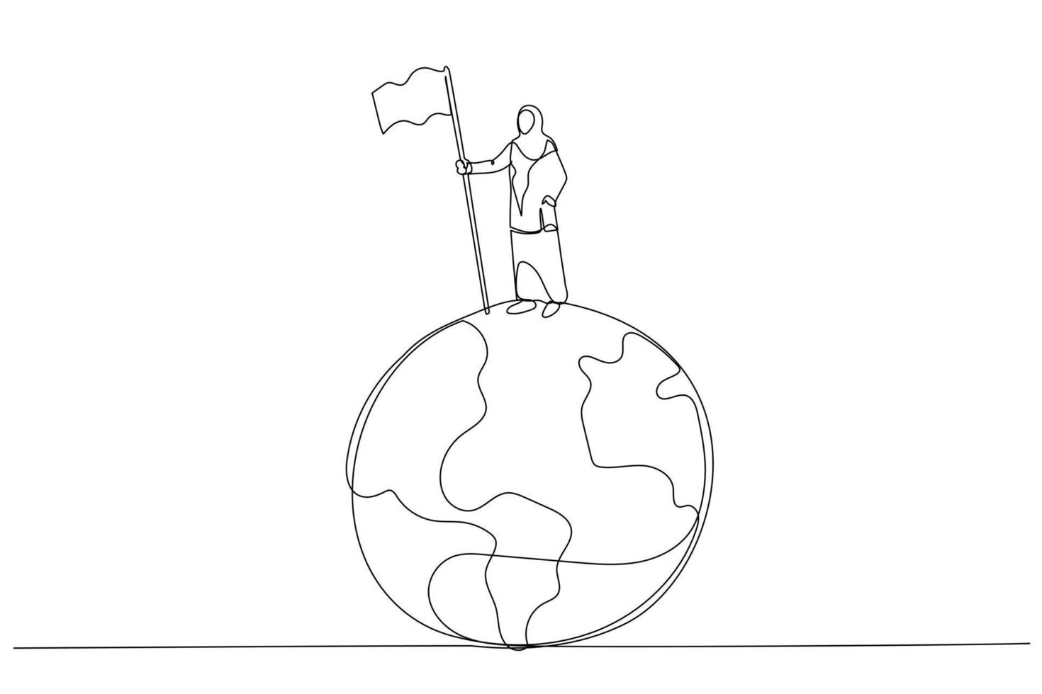 Illustration of muslim woman enterpreneur climb up ladder holding winning flag on globe winning global business competition. Single line art style vector