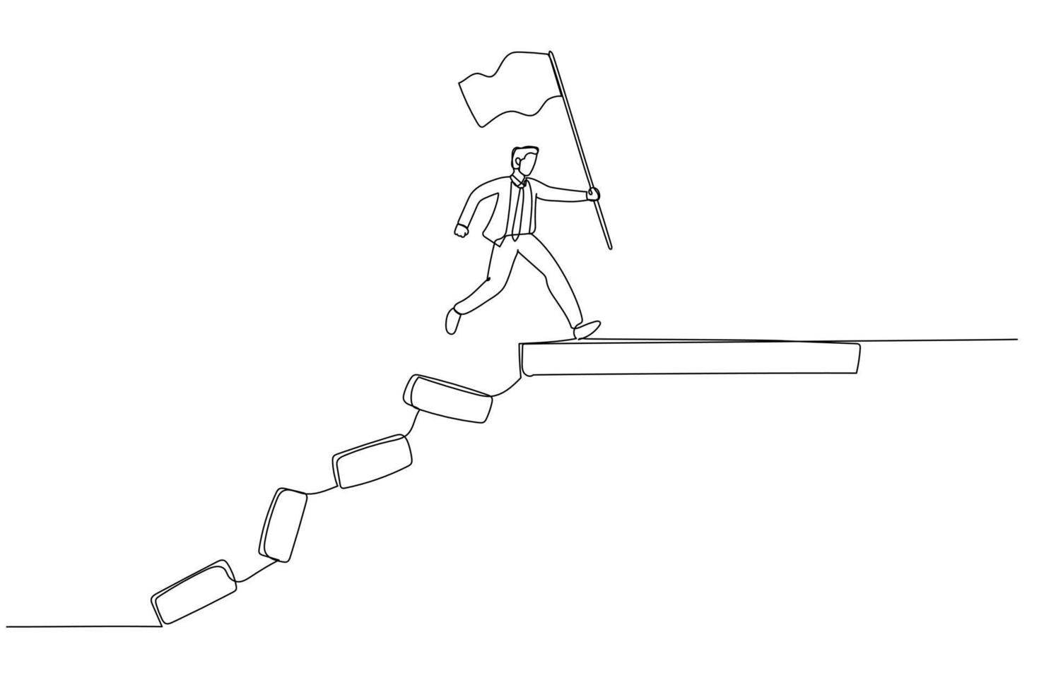 Drawing of businessman jumping on collapse bridge to reach target