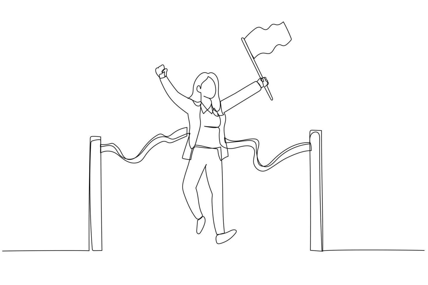 Drawing of businesswoman holding number flag first place in finish line. Single line art style vector