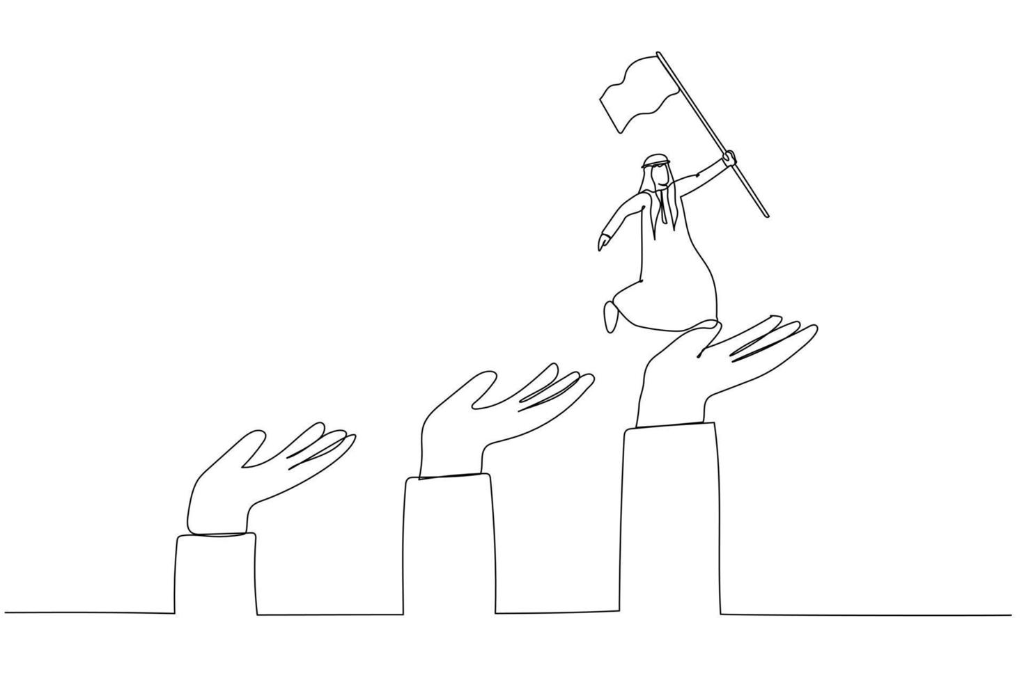 Cartoon of arab man jumping up giant hand growth ladder concept of progress. One line art style vector