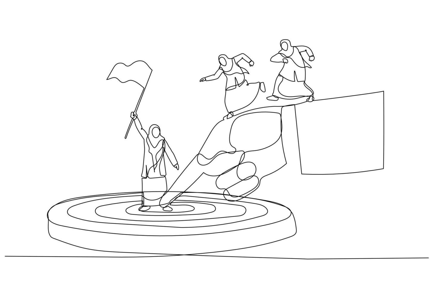 Illustration of big hand helping muslim business woman reach business target metaphor of cooperation. Continuous line art style vector