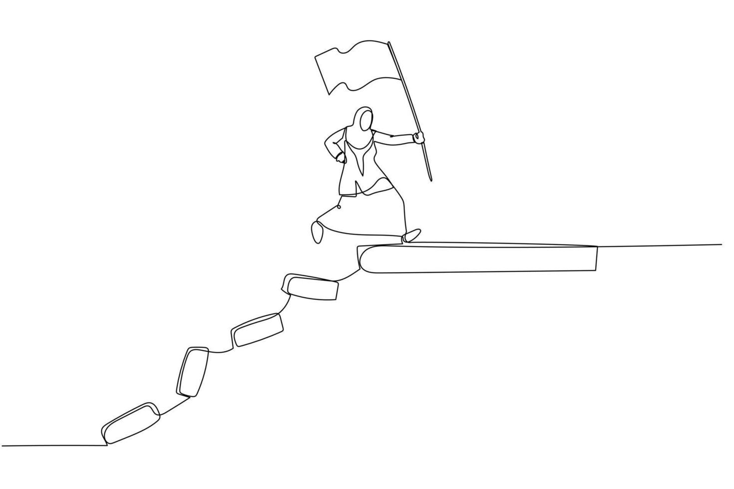 Drawing of muslim business woman jumping on collapse bridge to reach target concept of survival. One line style art vector