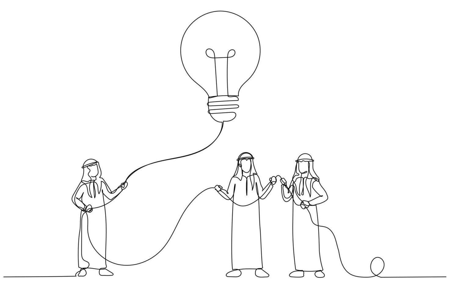 Cartoon of arab businessman holding lightbulb as kite. Imagination and creativity. One line art style vector