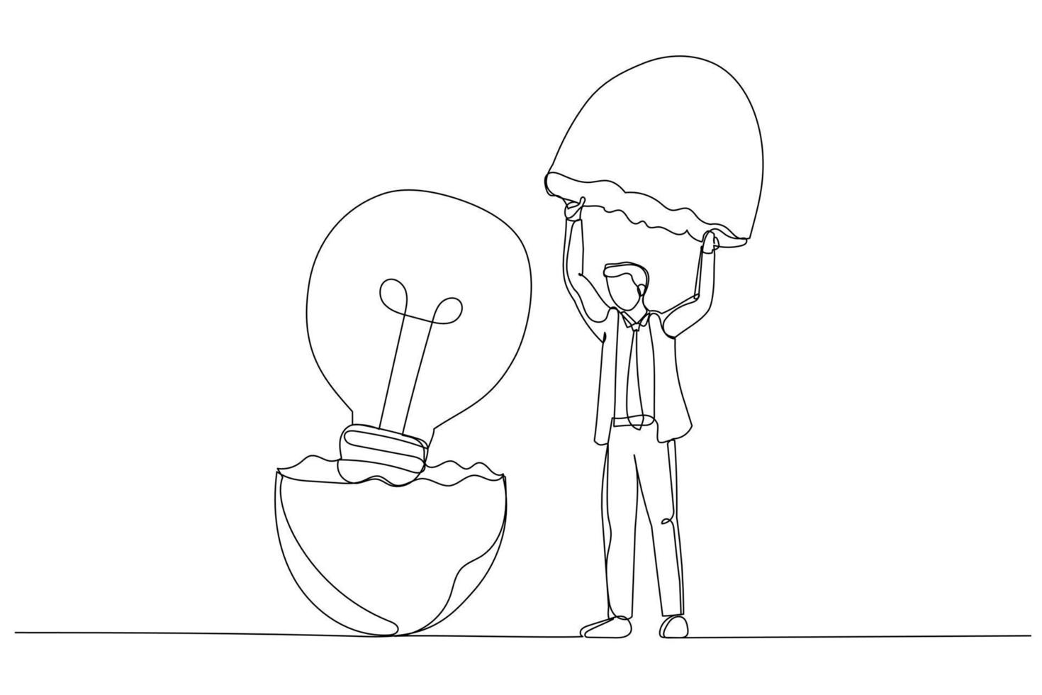 Illustration of businessman entrepreneur discover hatching egg with lightbulb idea inside. New creative idea. Single continuous line art vector