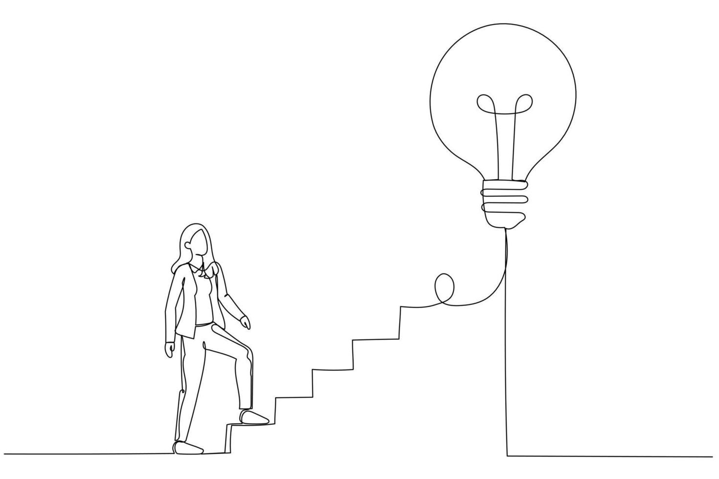 Cartoon of businesswoman start walking on electricity line as stairway to big idea lightbulb. Creativity for business. Single continuous line art style vector