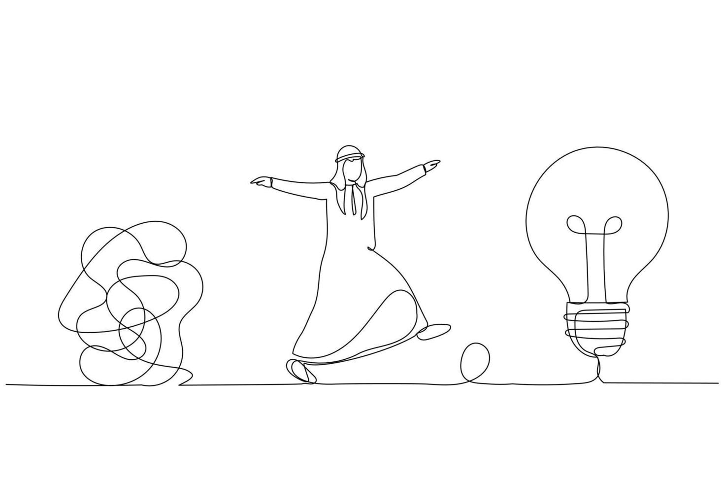 Drawing of smart arab businessman walking away from mess chaos line to simple lightbulb idea. Simplify idea. Continuous line art style vector