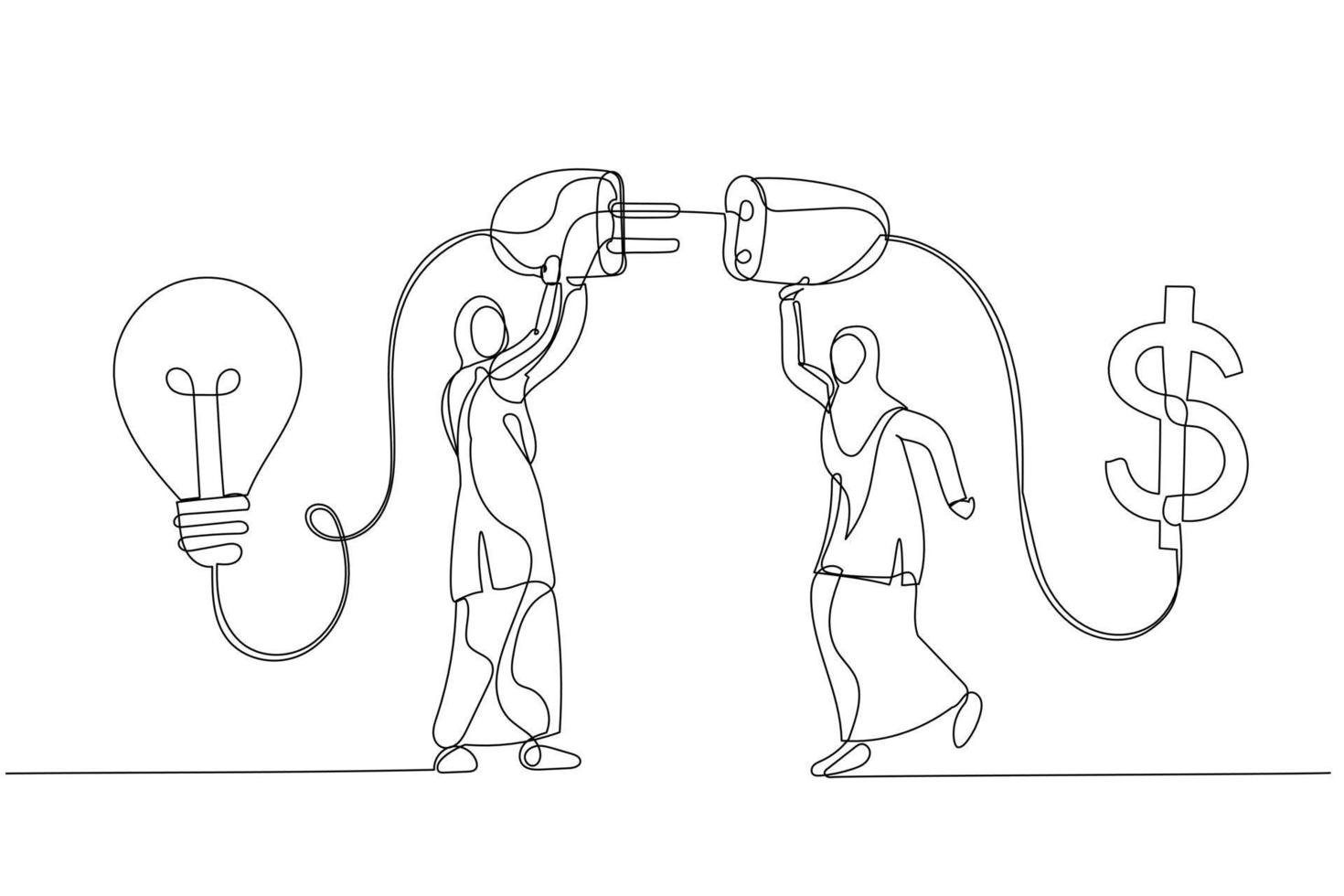 Illustration of arab muslim businesswoman blowing soap bubble into innovation bright light bulb ideas metaphor of creativity. Single line art style vector