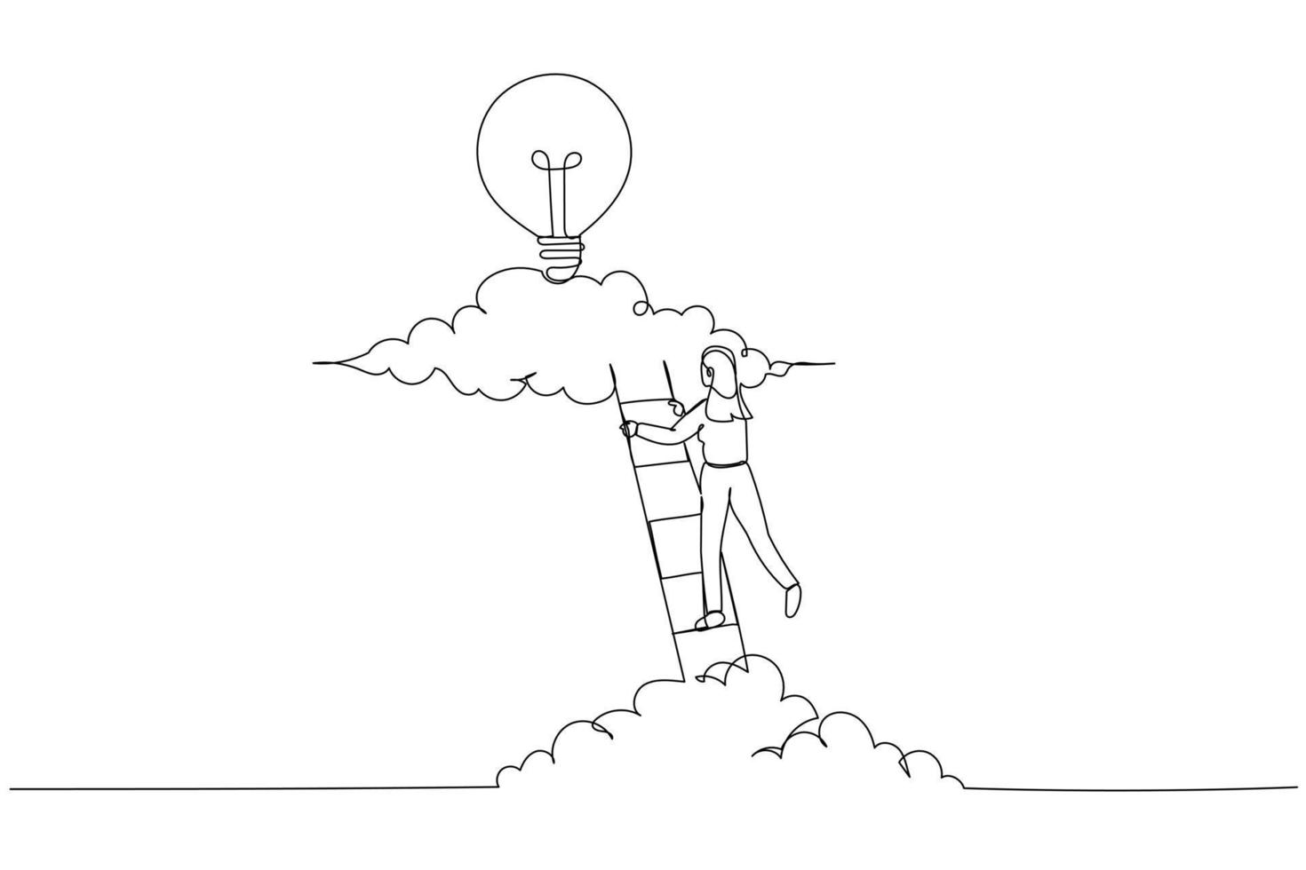 Illustration of businesswoman climbing ladder built from pencil to find lightbulb concept of searching idea. Continuous line art vector