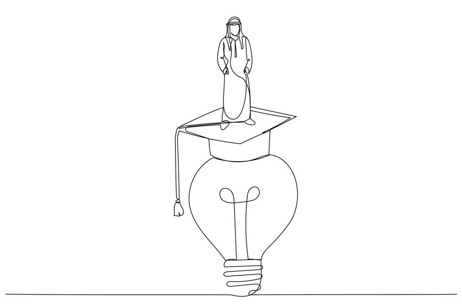 caricatura de un hombre de negocios musulmán árabe sube la idea de una bombilla de luz brillante advirtiendo el concepto de tapa de graduación de birrete de ayuda educativa. estilo de arte de una sola línea vector