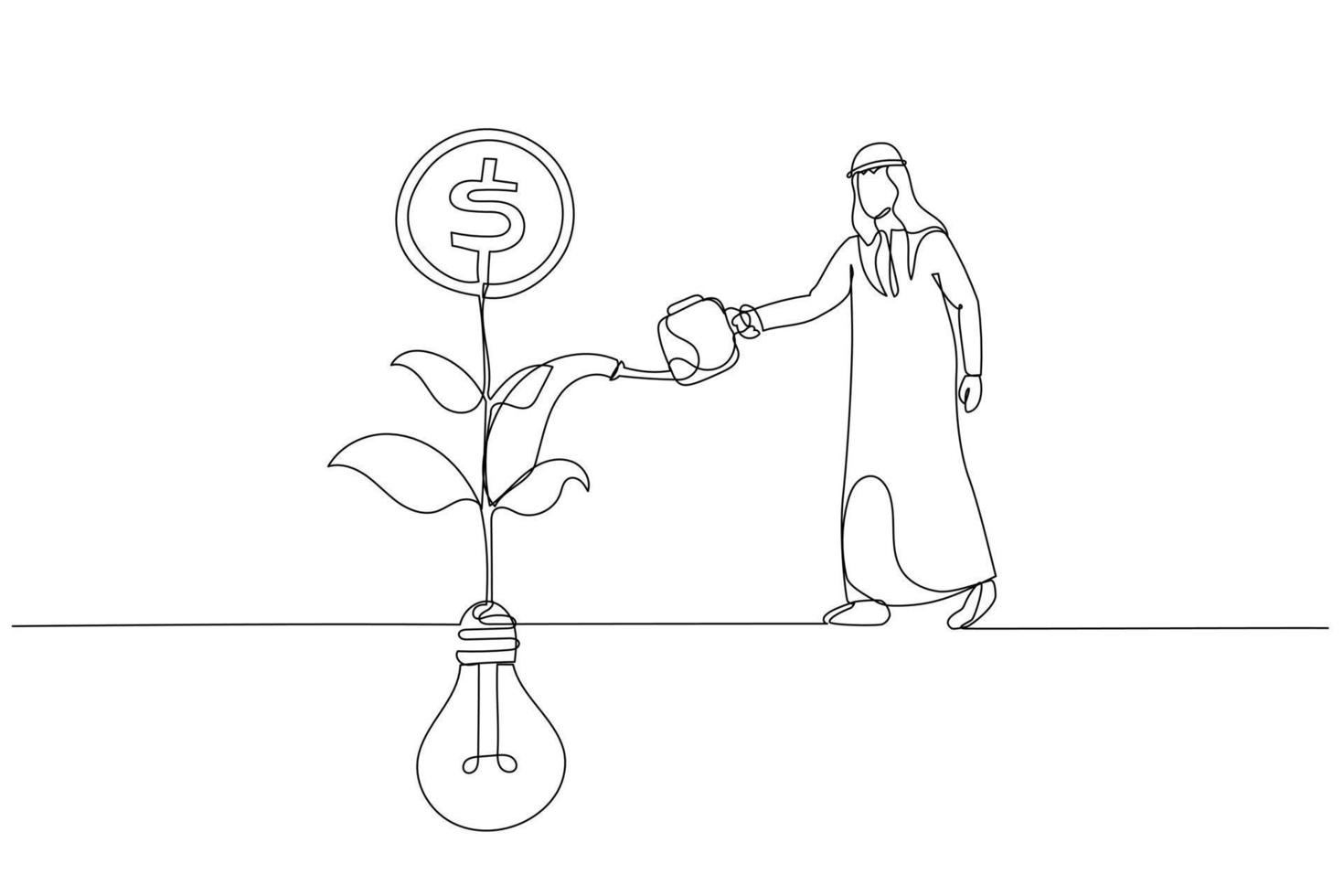 Drawing of arab muslim businessman watering on growing money coin seedling plant from lightbulb idea metaphor of monetize idea. One line art style vector