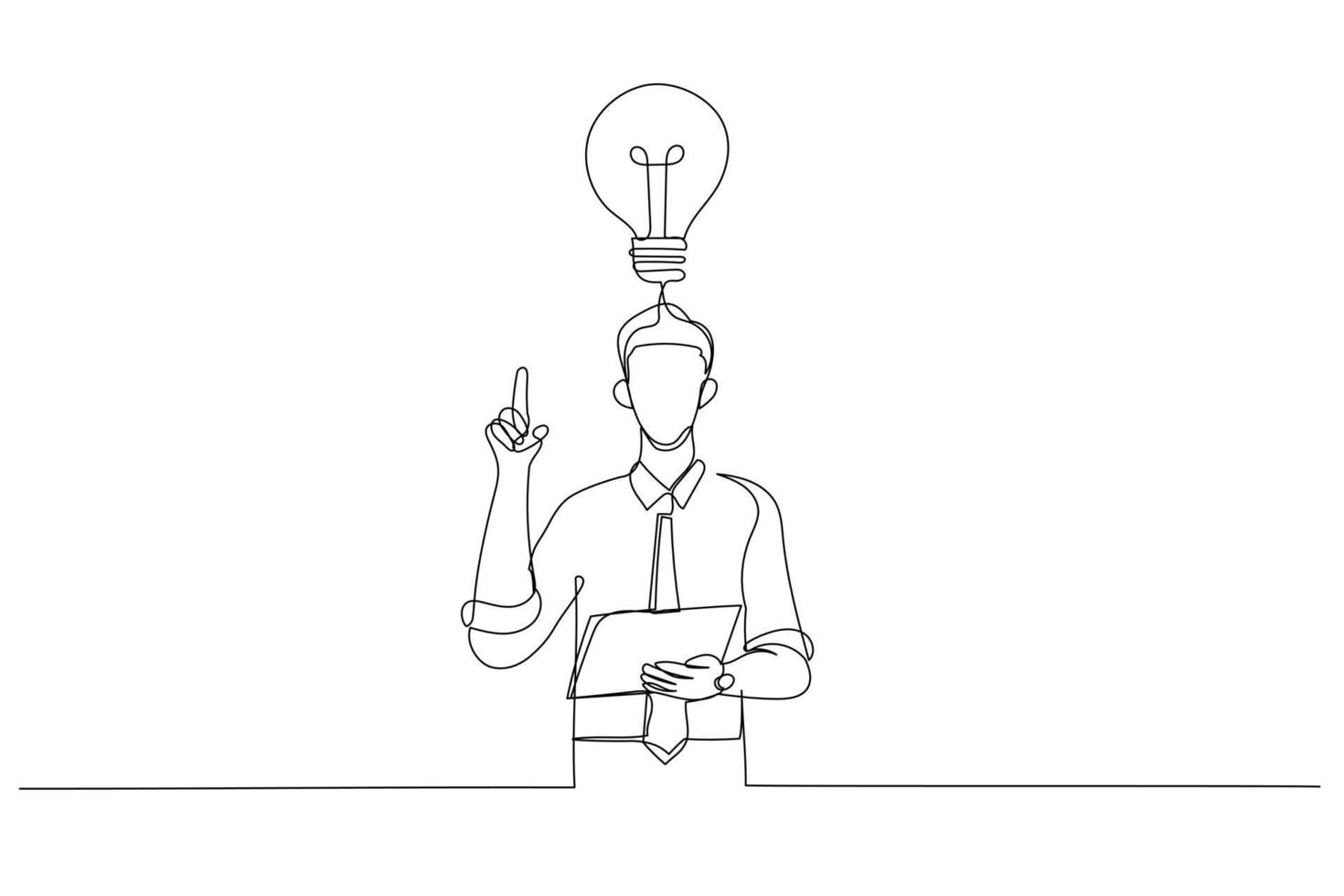 Drawing of astonish businessman finally found a solution how to make exercise having raised pen and notebook in hands. Continuous line art style vector