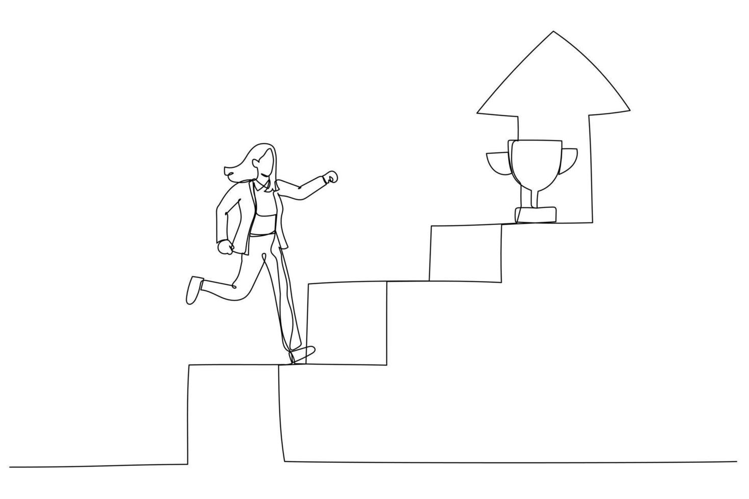 caricatura de una mujer de negocios subiendo las escaleras con una flecha ascendente hacia el cielo alto para encontrar el trofeo ganador. estilo de arte de línea continua única vector
