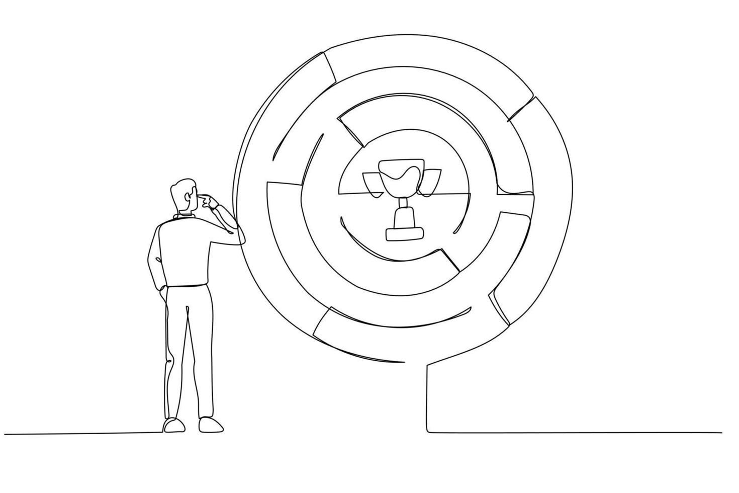 Cartoon of businessman finding the way in labyrinth to reach path to success. One continuous line art style vector