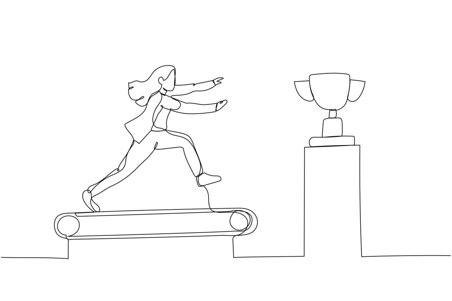 Illustration of businesswoman running on the treadmill try to get trophy concept of rat race. Single continuous line art style vector
