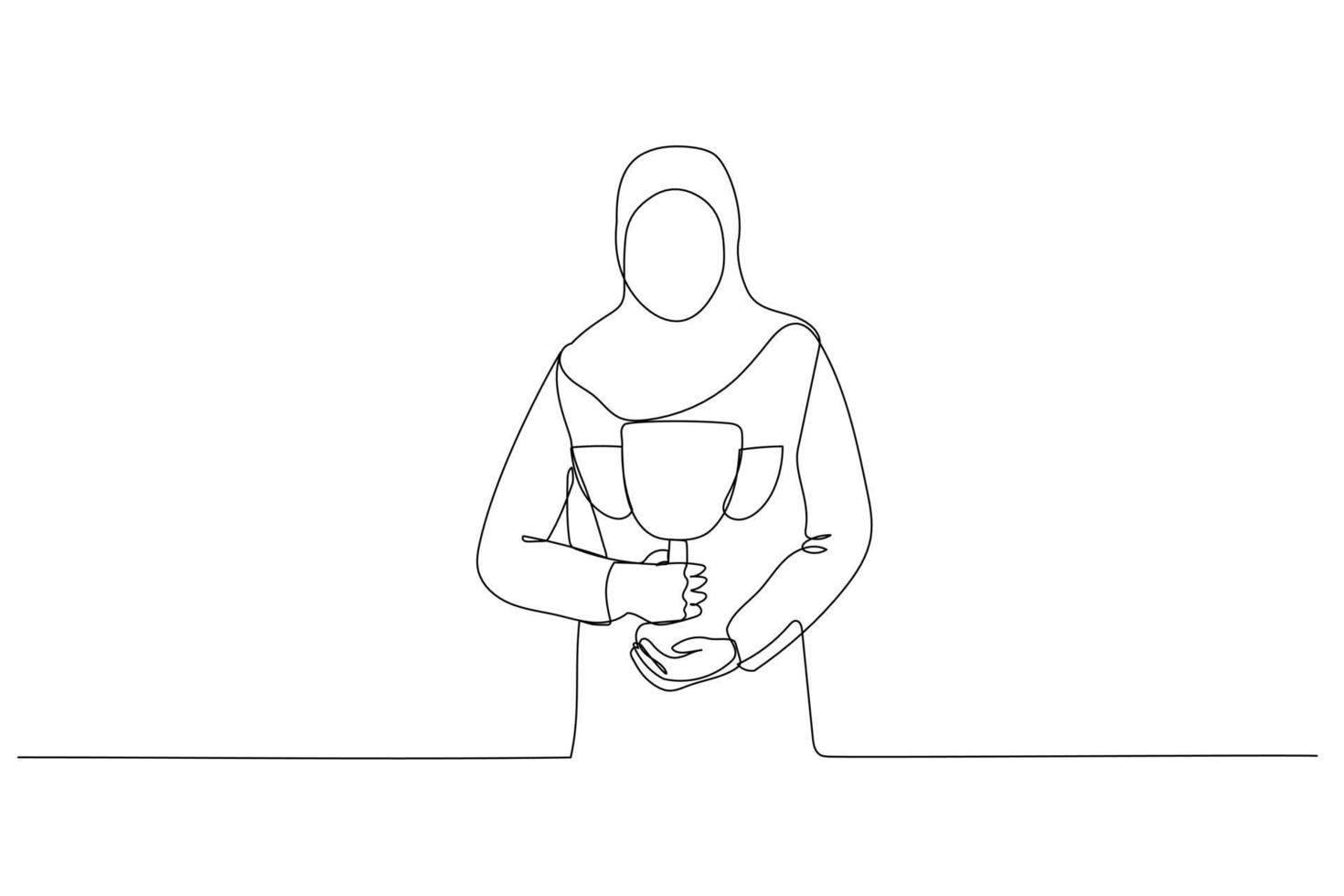 Drawing of muslim businesswoman standing with trophy in hand flexing for success. Single line art style vector