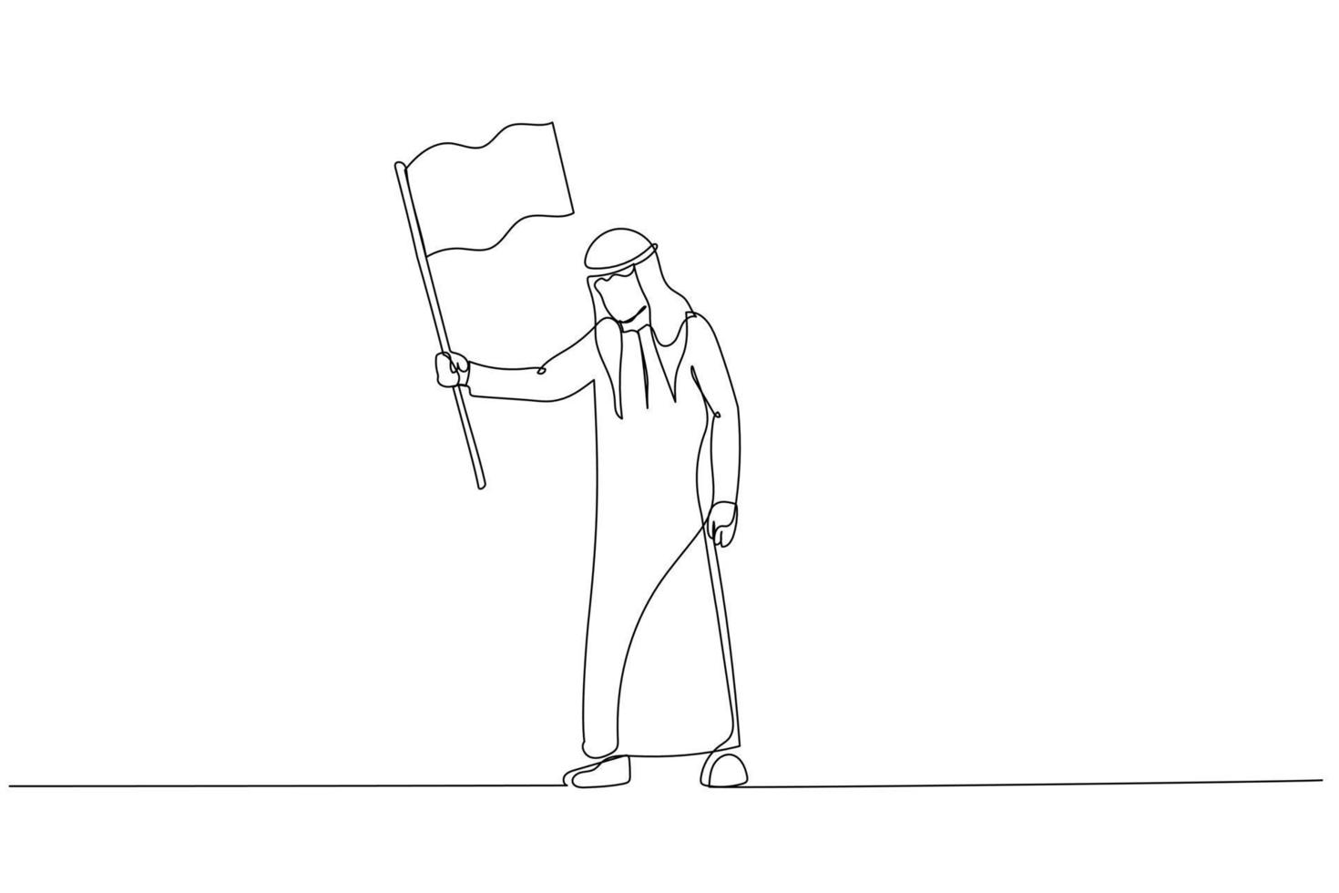 Drawing of sad arab businessman waving white flag metaphor of surrender and give up. Continuous line art vector